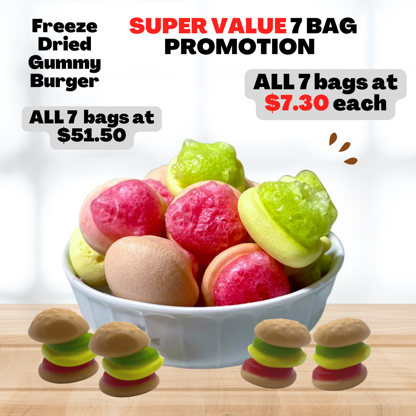 Top item bundle: Freeze Dried Gummy Burger Halal 7 bag promotion